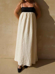 Contrast Color Pleated Split-Joint A-Line Loose Spaghetti-Neck Maxi Dresses
