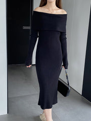 Solid Color Bodycon Long Sleeves Off-The-Shoulder Midi Dresses
