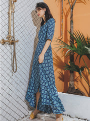 Vacation A-Line Half Sleeves Lace-Up Plaid V-Neck Maxi Dress