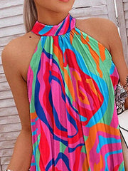 Pleated Printed Loose Plus Size Halter-Neck Short Dresses Mini Dresses