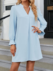 Ruffled Solid Color A-Line Long Sleeves V-Neck Mini Dresses