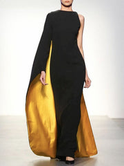 Asymmetric Contrast Color Irregularity Round-Neck Maxi Dresses