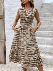 Buttoned Drawstring Pockets Printed Split-Joint A-line High Waisted V-neck Midi Dresses