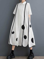 Buttoned Pockets Polka-Dot Split-Front Split-Joint A-Line Half Sleeves Lapel Shirt Dress Midi Dresses