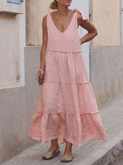 Solid Color Loose Sleeveless V-Neck Midi Dresses