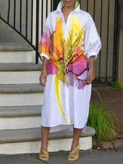 Buttoned Contrast Color Flower Print Half Sleeves Loose Lapel Shirt Dress Midi Dresses