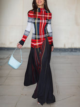 Long Sleeves Contrast Color Pleated Mock Neck Maxi Dresses