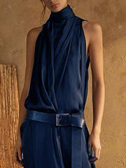 Belt Buckle Solid Color Split-Joint Loose Sleeveless High Neck Maxi Dresses