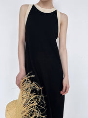 Contrast Color Loose Sleeveless Round-Neck Midi Dresses