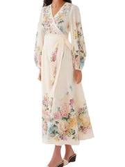 Flower Print Long Sleeves Bandage V-Neck Maxi Dresses