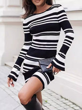 Flared Sleeves Loose Contrast Color Split-Joint Striped Patterns Round-Neck Mini Dresses Sweater Dresses
