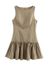 Pleated Solid Color Split-Joint Zipper A-Line Loose Round-Neck Mini Dresses