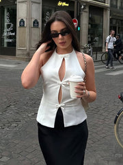 Bows Halter Neck Solid Tank Top Low Waist Mini Skirt Two Piece Set Woman Hollow T-shirt Backless Fashion Slim Skirt Suit