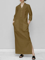 Long Sleeves Loose Solid Color Split-Joint V-Neck Maxi Dresses