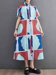 Cartoon Printed Multi-Colored Loose Short Sleeves Lapel Shirt Dress Midi Dresses