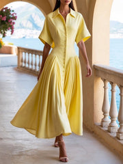 Loose Short Sleeves Buttoned Pleated Solid Color Lapel Collar Midi Dresses Shirt Dress