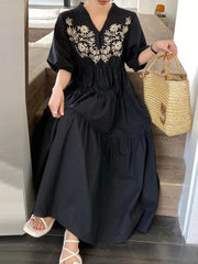 Bishop Sleeve Loose Embroidered Pleated V-Neck Midi Dresses