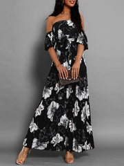 Elasticity Flower Print Pleated Split-Joint Tied Waist A-Line Loose Off-The-Shoulder Maxi Dresses