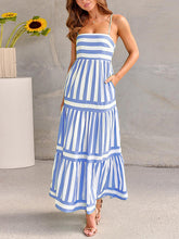 Pleated Split-Joint Striped Loose Sleeveless Spaghetti-Neck Maxi Dresses