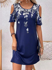 Flower Print Hollow A-Line Loose Cold Shoulder Mini Dresses