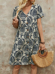 Buttoned Pleated Printed Split-Joint A-Line High Waisted V-Neck Mini Dresses