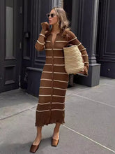 Elegant Slim Striped Knit Long Dress Women's Lapel Retro Block Color Long Sleeve Button Sweater Dress Club Party DressChristmas Gifts