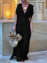 Solid Color V-Neck Bandage Loose Pleated Elegant Maxi Dresses