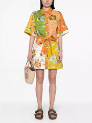 Short Sleeves Flower Print Lapel Collar Mini Dresses