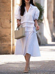 Pleated Ruffled Solid Color Split-Joint Loose Puff Sleeves Lapel Shirt Dress Midi Dresses