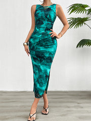 Pleated Printed Split-Side Bodycon Sleeveless Round-Neck Midi Dresses
