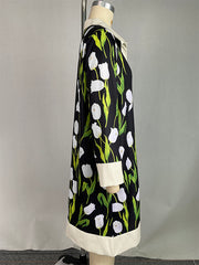 Buttoned Flower Print A-line Loose Stand Collar Mini Dresses