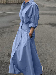 Loose Puff Sleeves Pleated Solid Color Split-Joint Lapel Maxi Dresses Shirt Dress
