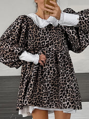 Puff Sleeves Contrast Color Falbala Leopard Split-Joint Mini Dresses