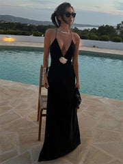 Flower Deep V-Neck Maxi Dress For Women Sheer Sleeveless Slip Long Evening Dresses Party Clubwear Sexy Backless ElegantChristmas Gifts