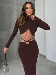 Fall New Skirts Suit Solid Color Long Sleeve Crop Top Twist Ruched Slim Lace Up Sexy Navel Exposed Skirt Matching Sets