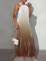 A-Line Loose Gradient Pleated Halter-Neck Maxi Dresses