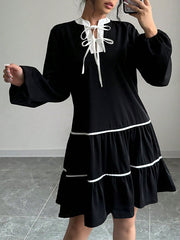 Elasticity Pleated Tied A-Line Long Sleeves V-Neck Mini Dresses