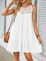 Hollow Pleated Solid Color Split-Joint A-Line Loose Round-Neck Mini Dresses