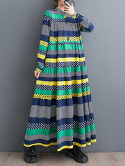 Buttoned Polka-Dot Split-Joint A-Line Long Sleeves Round-Neck Midi Dresses