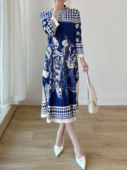 Pleated Printed A-Line Loose Round-Neck Midi Dresses