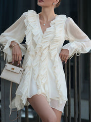 Ruffle Trim Solid Color Tied A-Line High Waisted V-Neck Mini Dresses