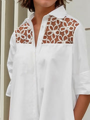 Long Sleeves Loose Gauze See-Through Solid Color Split-Joint Lapel Midi Dresses Shirt Dress