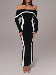 Bodycon Long Sleeves Contrast Color Split-Joint Off-The-Shoulder Evening Dresses Maxi Dresses