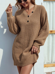 Casual Puff Sleeves Solid Color V-Neck Sweater Dresses