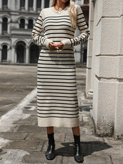 Long Sleeves Loose Split-Joint Striped Round-Neck Midi Dresses Sweater Dresses