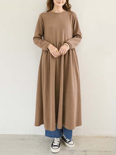 Casual Loose Long Sleeves Solid Color Round-Neck Midi Dresses