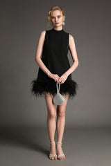 Black Sleeveless Mock Neck Feather-Trimmed Mini Dress