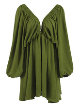 Long Sleeves Loose Elasticity Solid Color V-back Deep V-Neck Mini Dresses