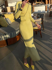 Pleated Solid Color Split-Joint Bodycon Long Sleeves Round-Neck Maxi Dresses Evening Dresses