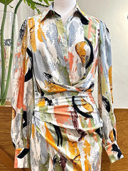 High Waisted Long Sleeves Asymmetric Pleated Printed Split-Joint Deep V-Neck Midi Dresses